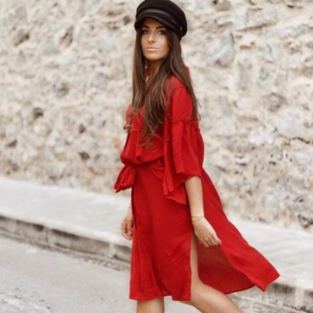 Zara Red Ruffled Long Sleeve Tunic Dress Size S